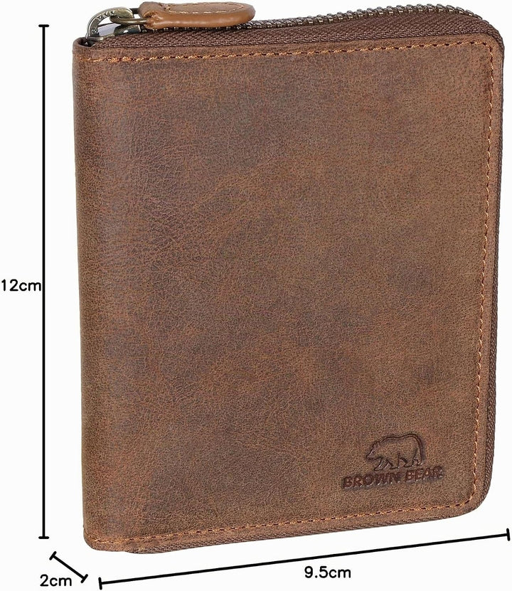 BROWN BEAR Geldbörse Reissverschluss Leder Vintage Braun für Damen &amp; Herren | RFID-Schutz Portemonna
