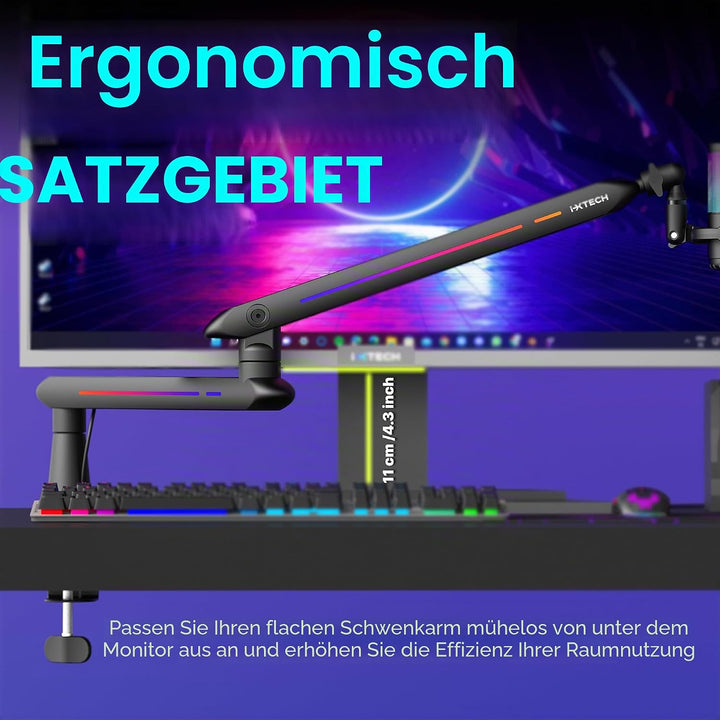 IXTECH RGB Low Profile Galgenarm für Mikrofon, verstellbarer Mikrofonarmständer mit Tischhalterungsk
