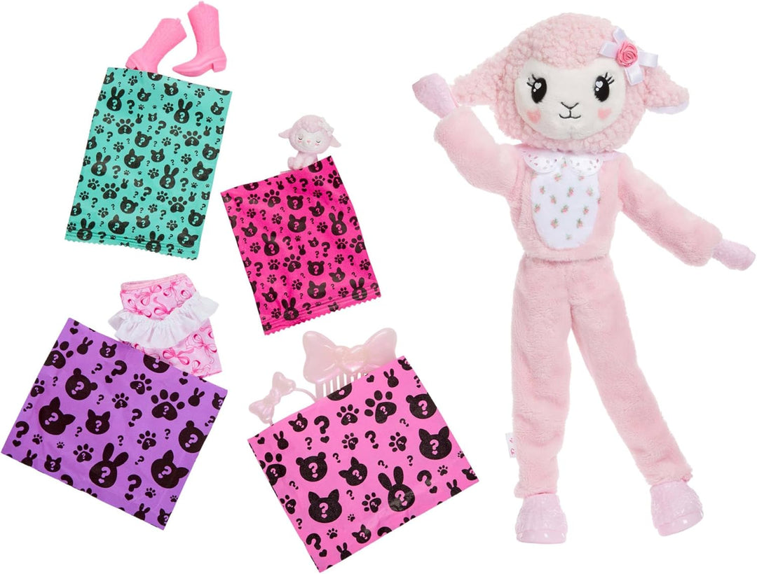 Barbie Cutie Reveal Puppe und Zubehör, Lamm der Cuddly-Reihe mit 10 Überraschungen, inklusive Farbwe