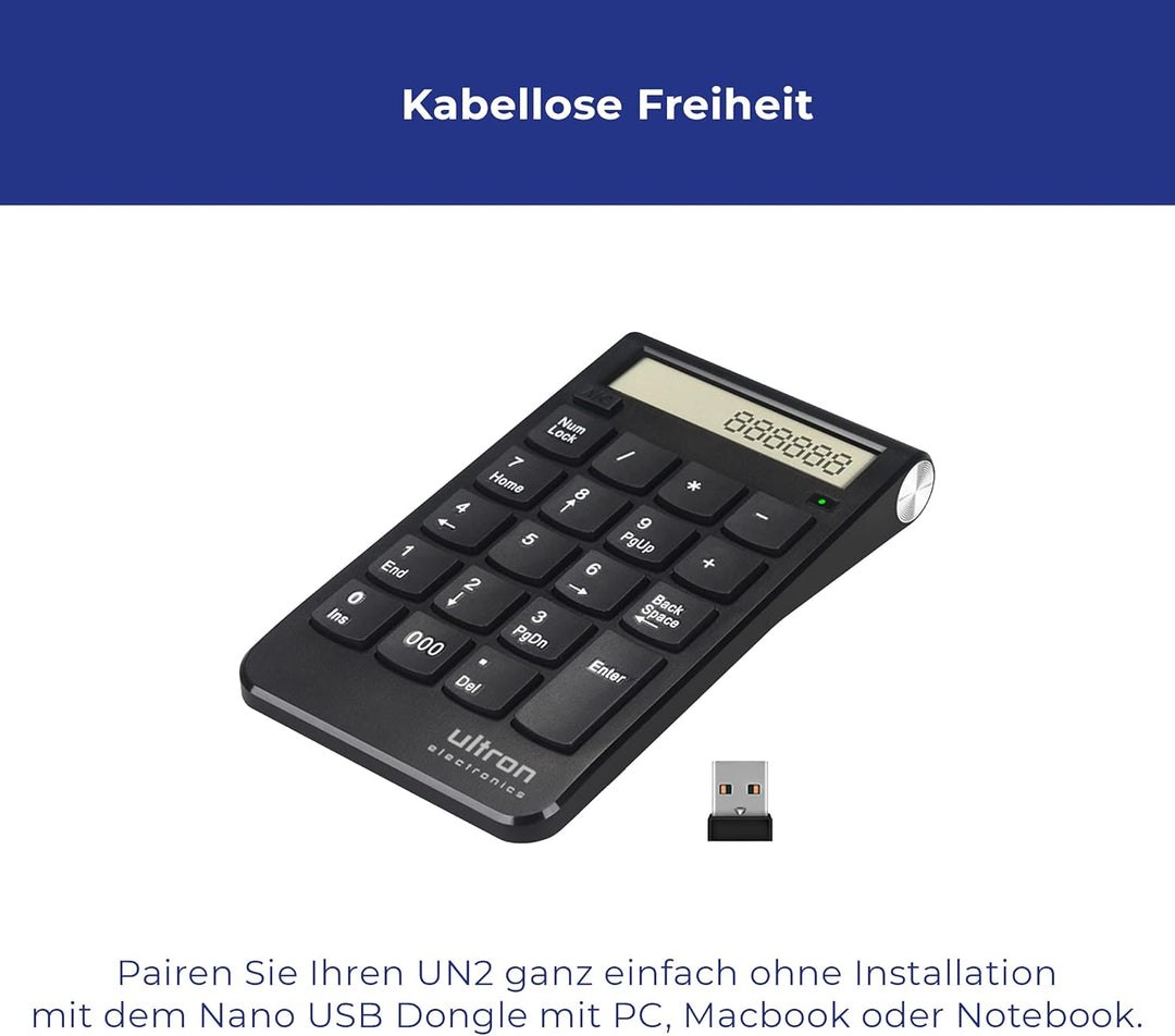 Ultron 364181 UN2 Ziffernblock, 2,4 GHz Taschenrechner USB Ziffern-Block Kabellos, Numpad Wireless m