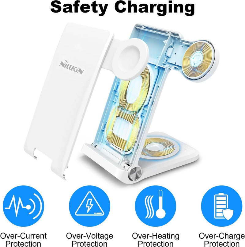 Nillkin 3 in 1 Faltbar Induktive Ladestation, Kabelloser Ladegerät mit Adapter, Wireless Charger Kom