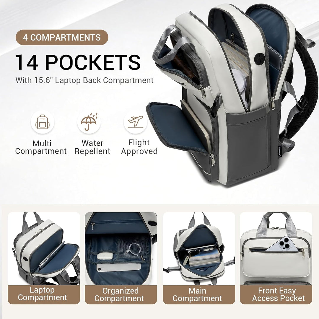 KONO Rucksack Damen 15,6 Zoll Laptop Rucksack, Grosse Wasserdicht Schulrucksack mit Flaschenfach, 2
