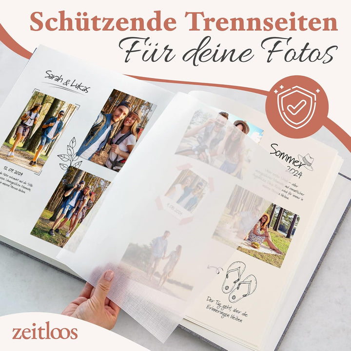 Fotoalbum zum Einkleben - Platz für 500 Fotos (100 Seiten oder 50 Blatt). Echtes leinen in grau Foto