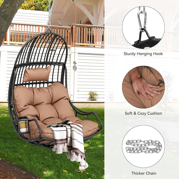 YITAHOME Hängesessel Eierschaukel 150 kg Belastbarkeit, Rattan Schaukelsessel mit Kissen & Getränkeh