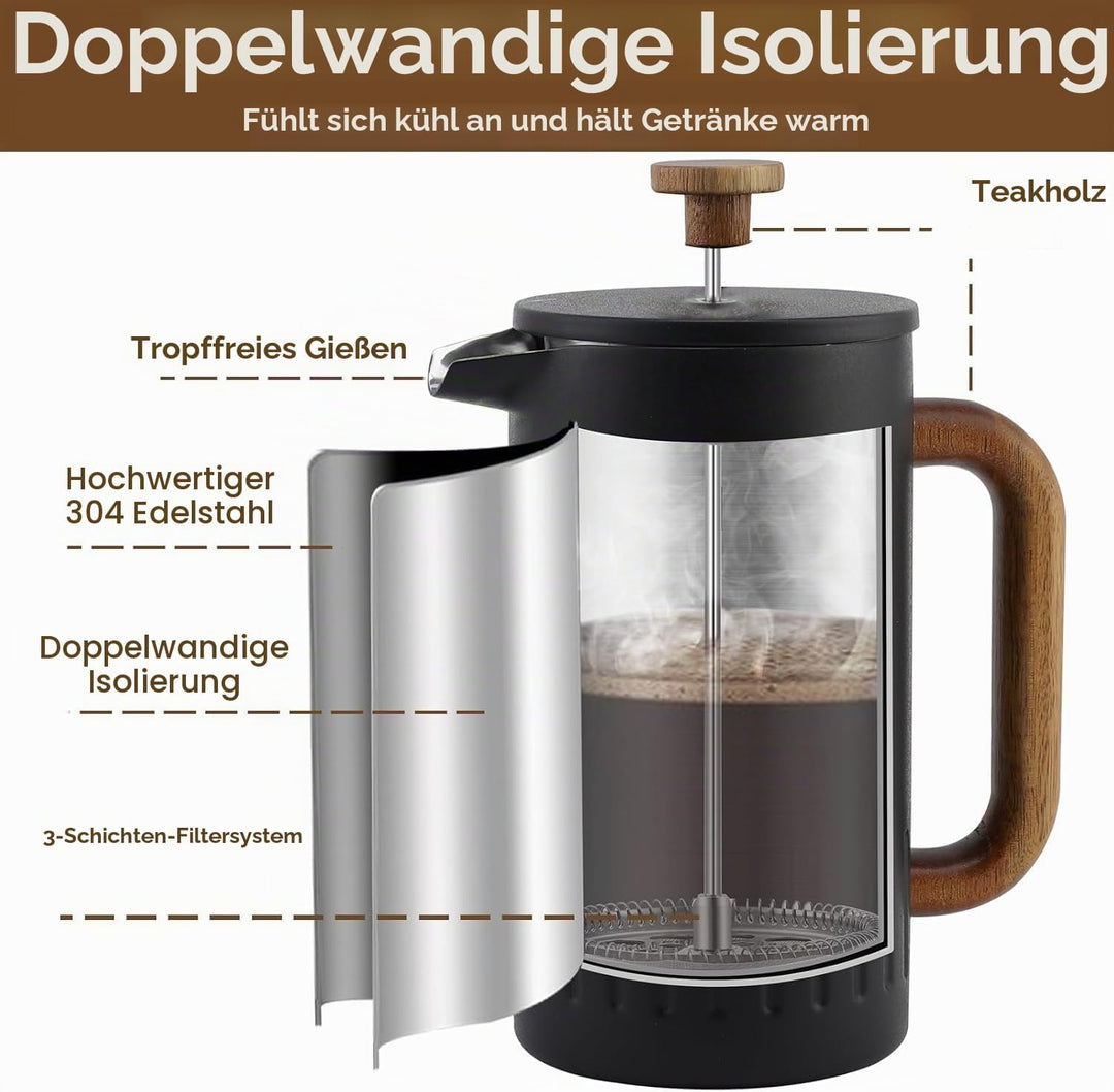 Rorence French Press 1L Edelstahl doppelwandig isoliert – Kaffeebereiter mit Holzgriff &amp; Edelstahl-F
