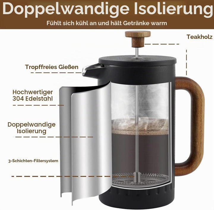 Rorence French Press 1L Edelstahl doppelwandig isoliert – Kaffeebereiter mit Holzgriff &amp; Edelstahl-F