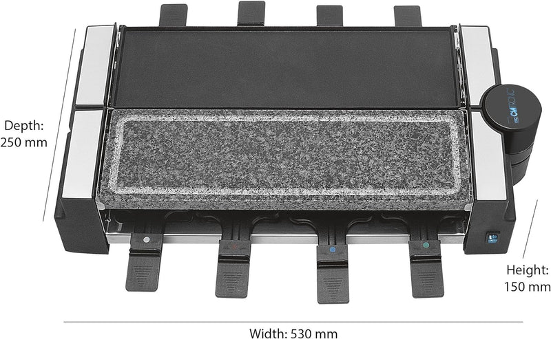 Clatronic RG 3678, 2in1 Raclette-Grill, Naturgrillstein & Wendegussplatte, 180°-Drehgelenk, 8 Pfännc