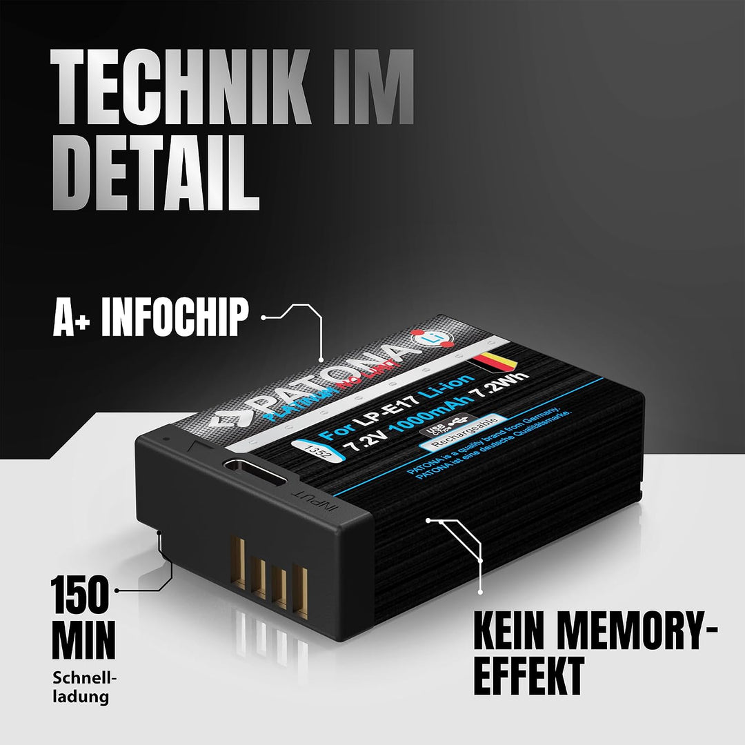 PATONA 2X Platinum Akku Ersatz für Canon LP-E17 LPE17 mit USB-C, 1000mAh | Ersatzakku für EOS RP R10