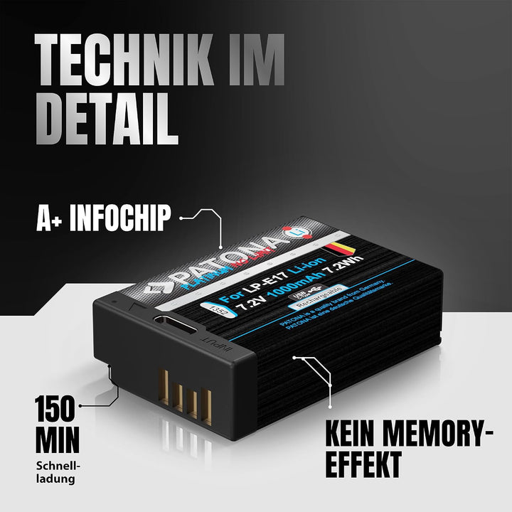 PATONA 2X Platinum Akku Ersatz für Canon LP-E17 LPE17 mit USB-C, 1000mAh | Ersatzakku für EOS RP R10