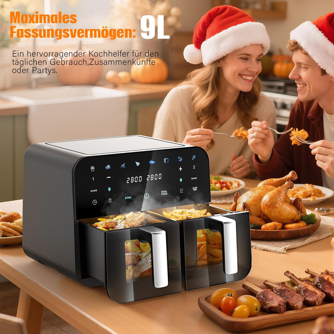 Dual Zone Heissluftfritteuse 9L mit 2 Kamern Kapazität 2 Fächer Sichtfenster Beleuchtung Airfryer To