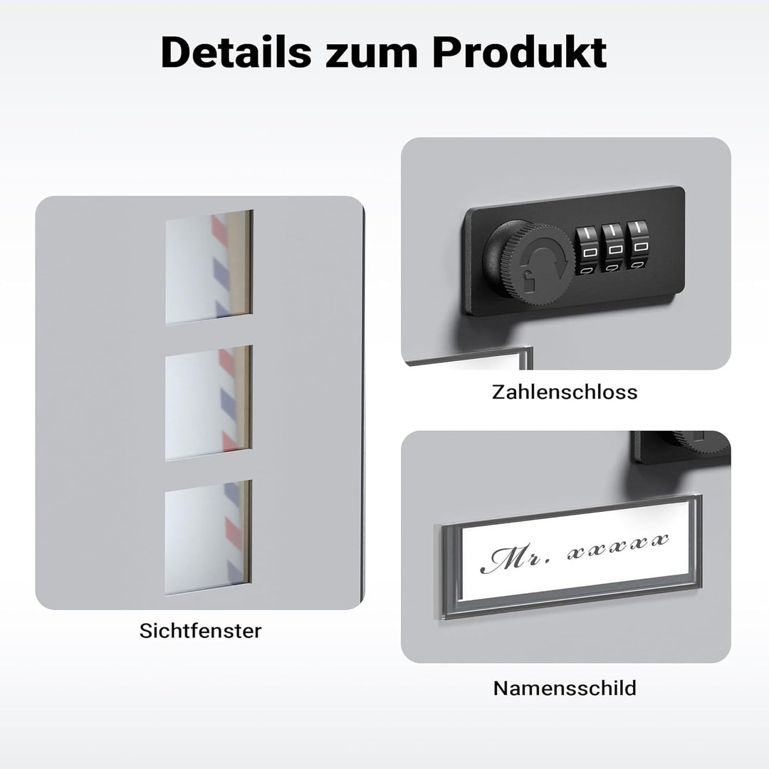Wiltec Briefkasten silberfarben 215x320x90mm Briefkasten mit Zahlenschloss, Namensschild und Sichtfe