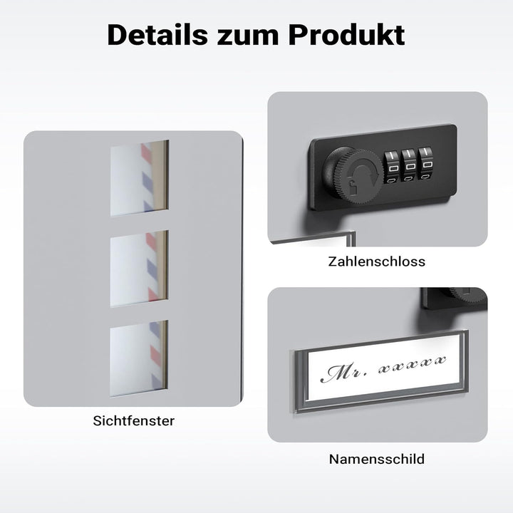 Wiltec Briefkasten silberfarben 215x320x90mm Briefkasten mit Zahlenschloss, Namensschild und Sichtfe