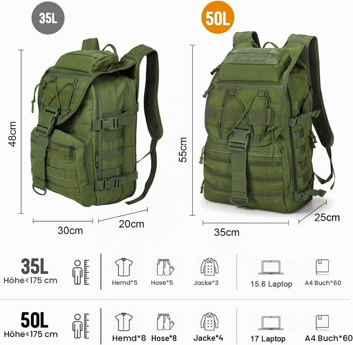 SHANNA Militärrucksack 35L/50L Armee Rucksack Molle, Hohe Kapazität Trekkingrucksack Wanderrucksäcke