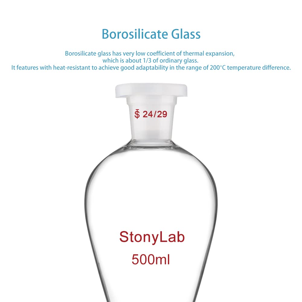 stonylab Scheidetrichter Glas, Borosilikatglas 500 ml Scheidetrichter Heavy Wall Conical Separatory