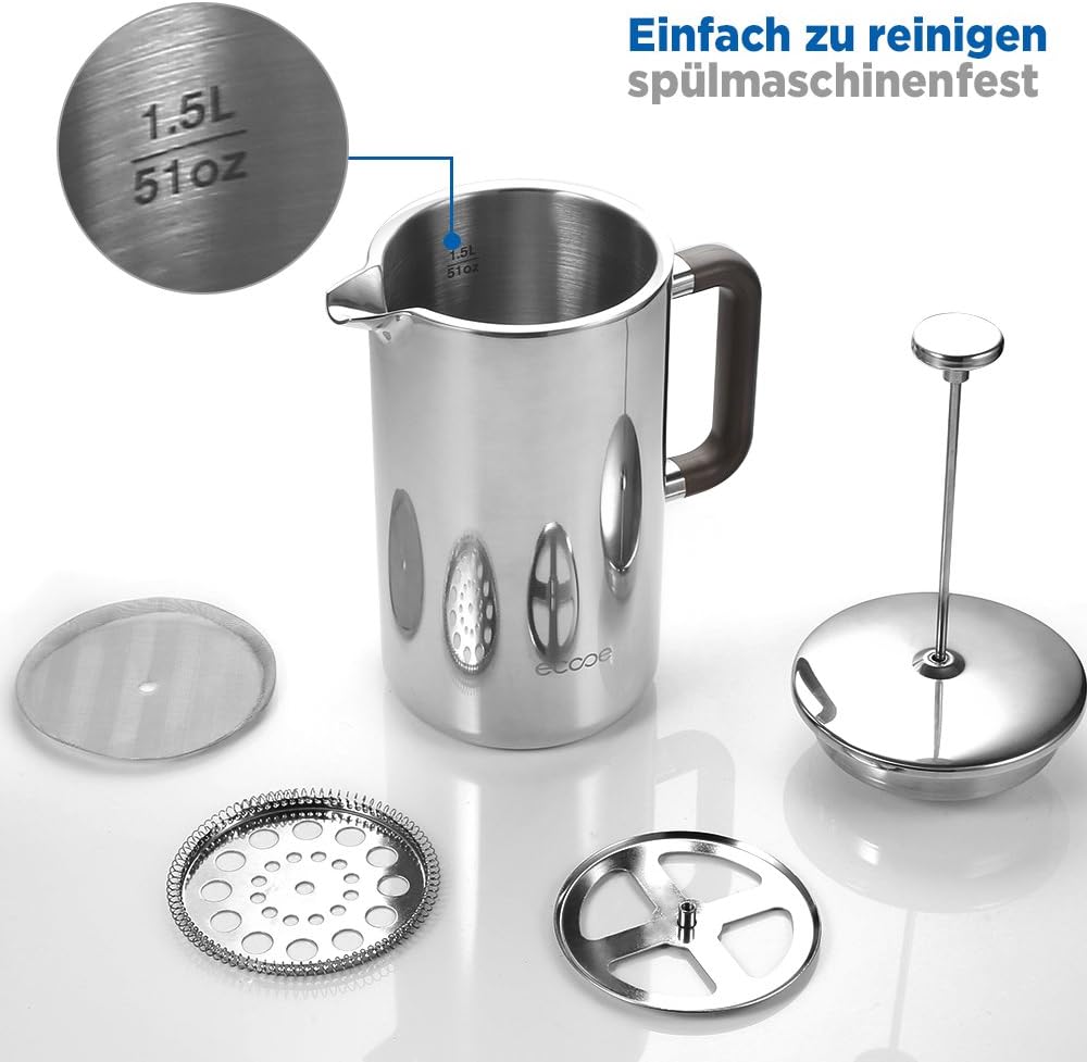Ecooe 1.5L French Press Kaffee Doppelwandiger Kaffeebereiter aus 18/10 Rostenfrei Edelstahl mit 3 Fi