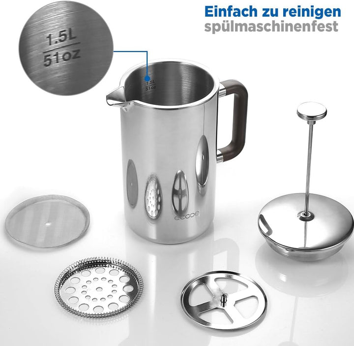 Ecooe 1.5L French Press Kaffee Doppelwandiger Kaffeebereiter aus 18/10 Rostenfrei Edelstahl mit 3 Fi