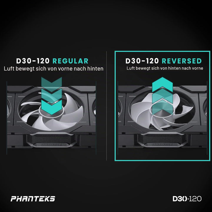 PHANTEKS D30 PWM Reverse Airflow D-RGB Lüfter - 120mm, schwarz 1 Stück - Reverse Black, 1 Stück - Re