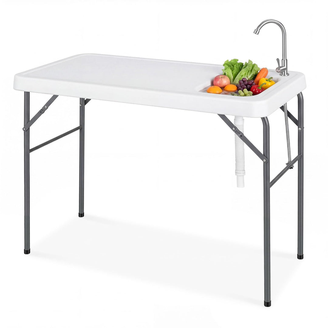 COSTWAY Fischreinigungstisch klappbar, Filetiertisch mit Spüle, Wasserhahn & Messskala, Campingtisch