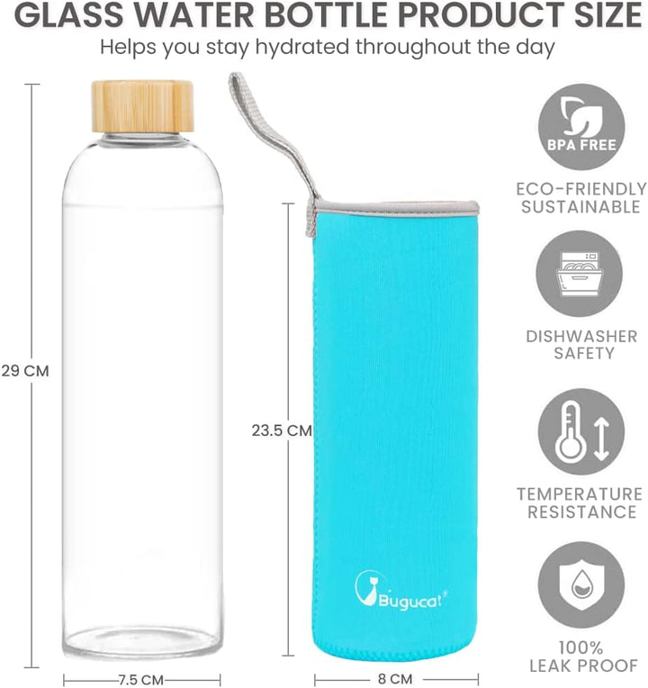 Bugucat Glasflasche 1000 ML, Trinkflasche aus Glas mit Bambusdeckel und Schutzhülle，Wasserflasche Au