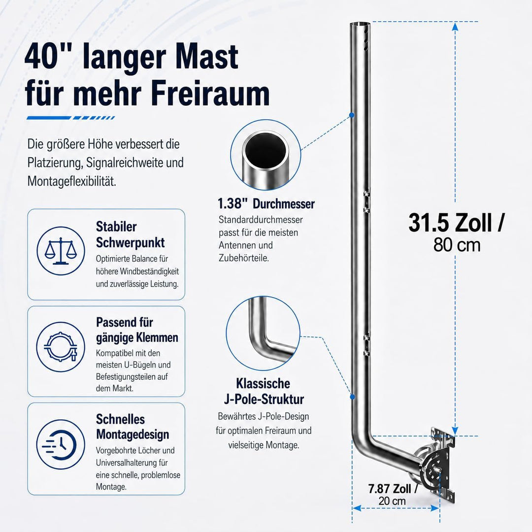 Universeller Antennenmast für Fernseh-, Satelliten-, Radio- und WLAN-Antennen - Verstellbarer Stände