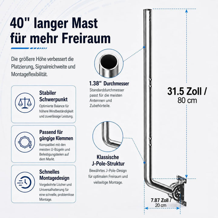 Universeller Antennenmast für Fernseh-, Satelliten-, Radio- und WLAN-Antennen - Verstellbarer Stände