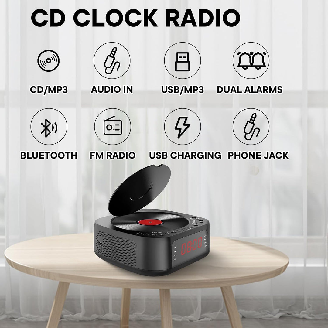 CD-Player-Wecker mit Fernbedienung, Verstellbarem LED-Display, USB-Ladegerät und Dimmbarem Display f