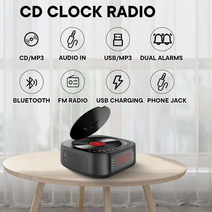 CD-Player-Wecker mit Fernbedienung, Verstellbarem LED-Display, USB-Ladegerät und Dimmbarem Display f