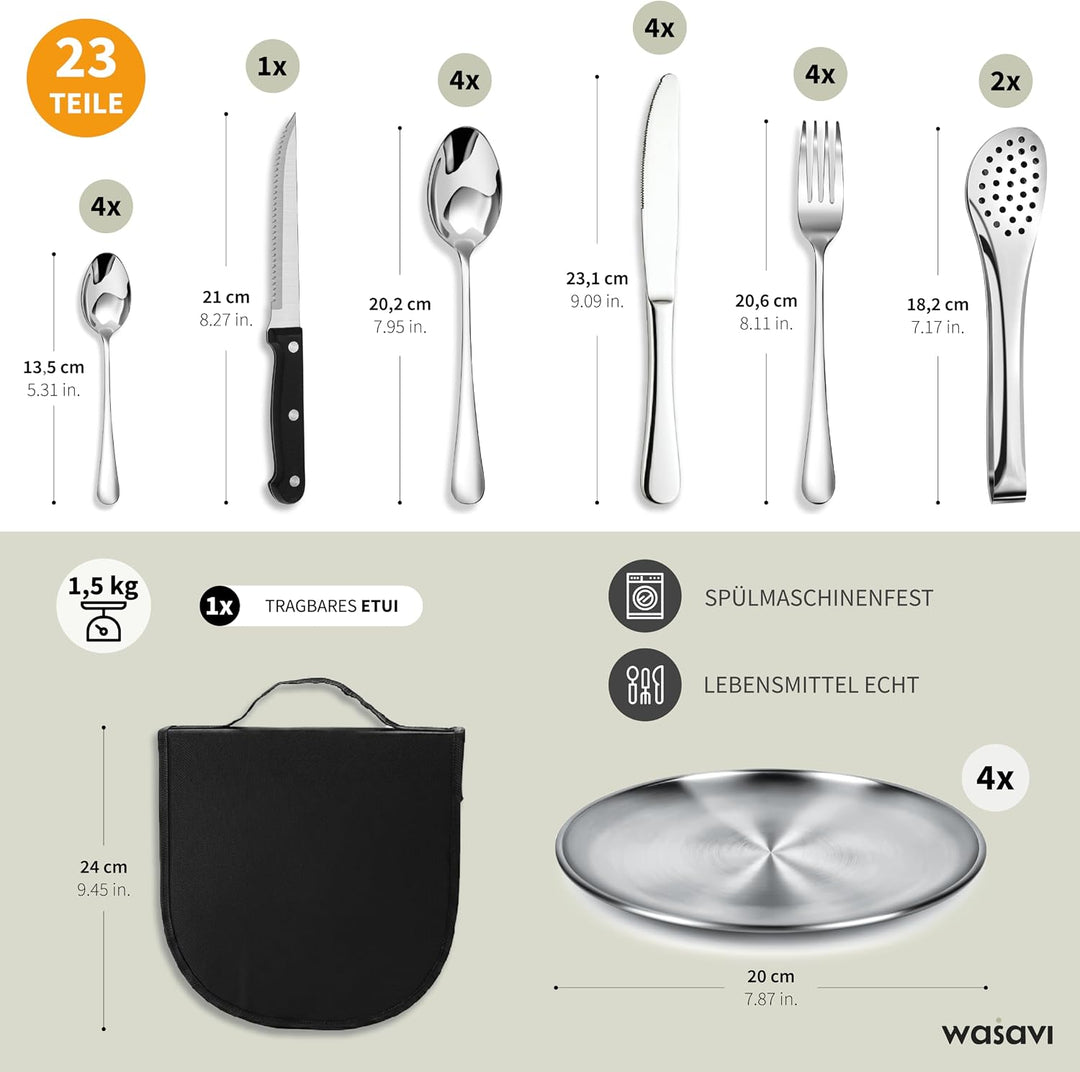 [23-teilig für 4 Personen] Camping Besteckset. Edelstahl-Gabeln, Messer und Löffel. Inklusive tragba