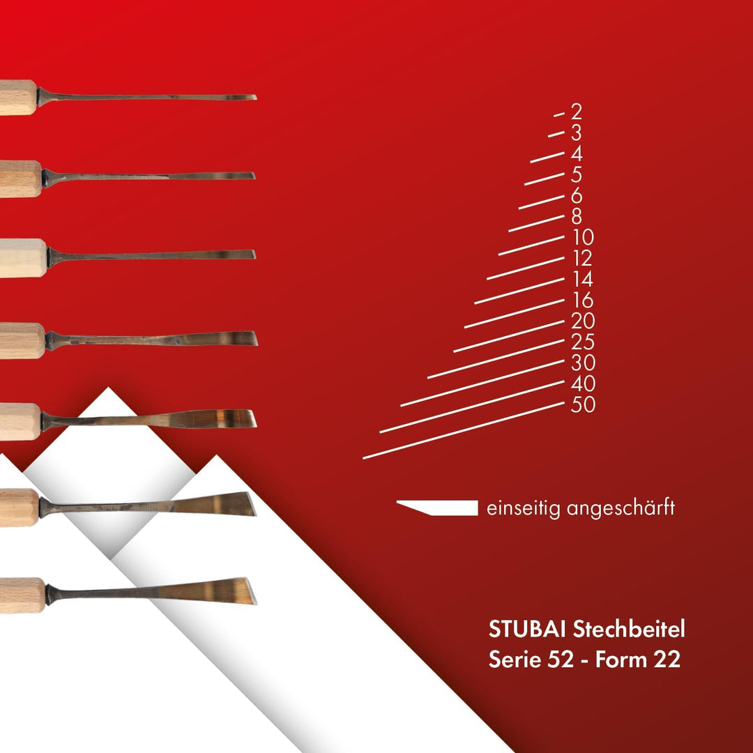 STUBAI Stemmeisen Stechbeitel Serie 52 - Form 22 | Gekröpftes, linksschräges Balleisen 12 mm, mit Ho