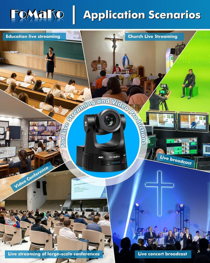 FoMaKo PTZ Kamera 4K 60FPS NDI HX3, 20x Optischer Zoom, Gen 3 KI Auto-Tracking, 3G-SDI/HDMI/NDI/USB/