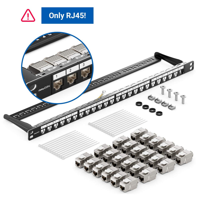 deleyCON 24 Port CAT 6a Patchpanel Set Patchfeld Modular 0,5 HE 19" Zoll Rackeinbau + 24x RJ45 Keyst