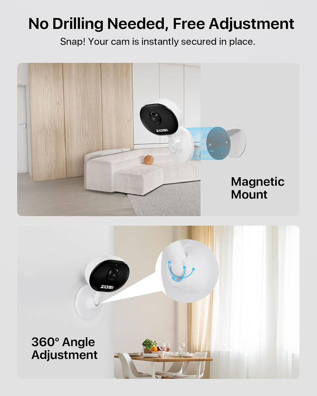 ZOSI 1080P Innen WLAN Überwachungskamera mit Plug-in-Strom, Lokale KI für Person/Bewegungen, Magnetf