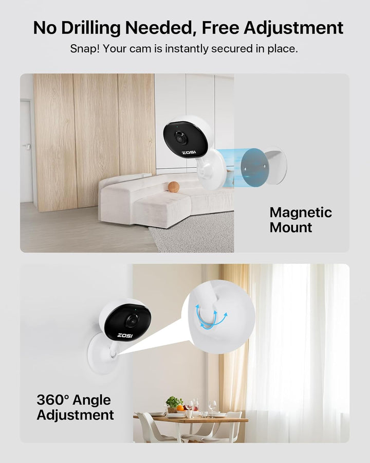 ZOSI 1080P Innen WLAN Überwachungskamera mit Plug-in-Strom, Lokale KI für Person/Bewegungen, Magnetf