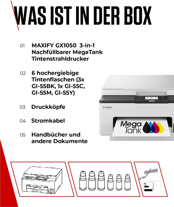 Canon MAXIFY GX1050 Tintenstrahldrucker 3-in-1 Multifunktionsdrucker MegaTank (Drucker, Scanner, Kop
