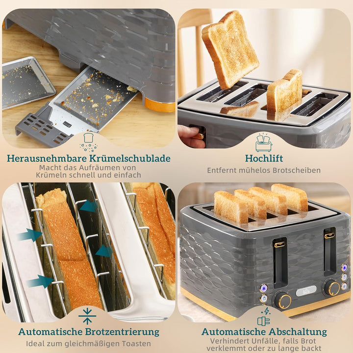 HOMCOM 4-Scheiben-Toaster mit 7 Bräunungsstufen, High-Lift, Aufwärm-/Auftau-/Abbruchs-Funktion, Selb