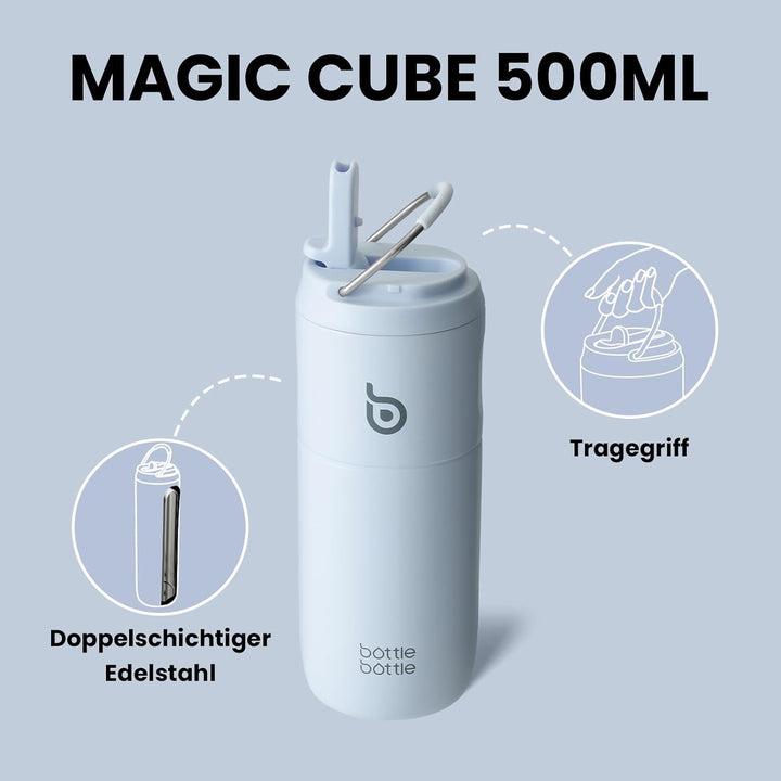 bottlebottle Edelstahl Trinkflasche mit Strohhalm 500ml, auslaufsichere Sportwasserflasche, ideal fü