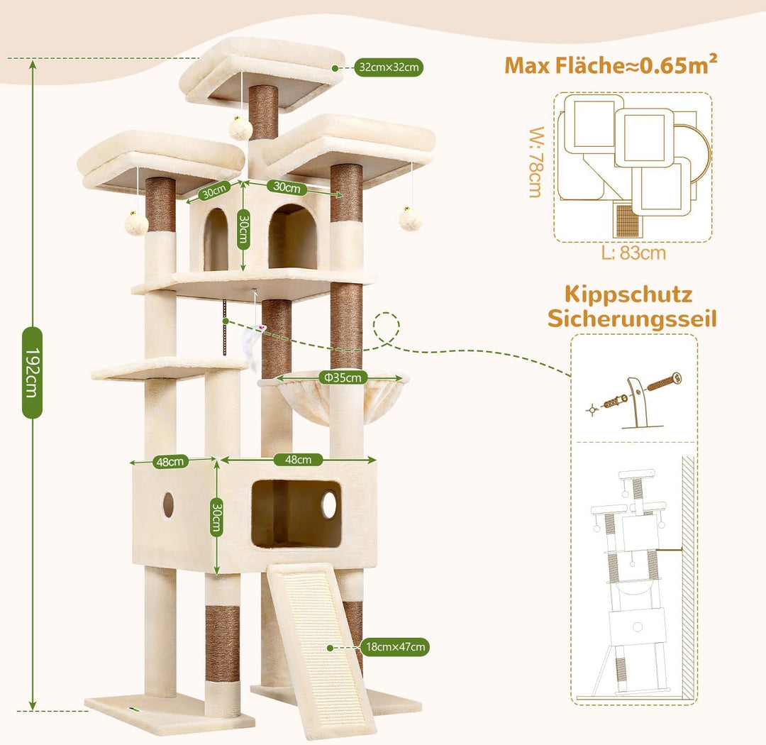 Globlazer F75 Kratzbaum XXL Beige für Grosse Katzen 192 cm Stabil Katzenbaum | Extragross Katzenhäus