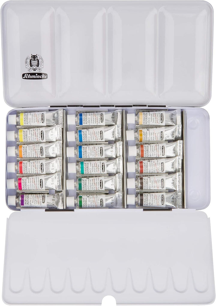 Schmincke – HORADAM AQUARELL Farbkasten, 18 x 5 ml Tuben, 74118097, Metallkasten, Malset, feinste Pr