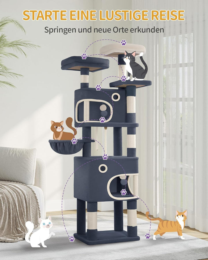 Hzuaneri Kratzbaum, 180 cm Katzenbaum mit 8 Kratzsäulen, 3 Plattformen, 2 Höhlen, Korb, Plüschbälle,
