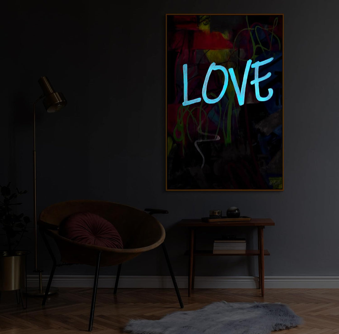 YS-Art XXL Abstrakt Fluoreszierendes selbst leuchtendes Acryl 3D Gemälde auf Leinwand Love handgemal
