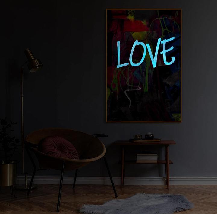 YS-Art XXL Abstrakt Fluoreszierendes selbst leuchtendes Acryl 3D Gemälde auf Leinwand Love handgemal