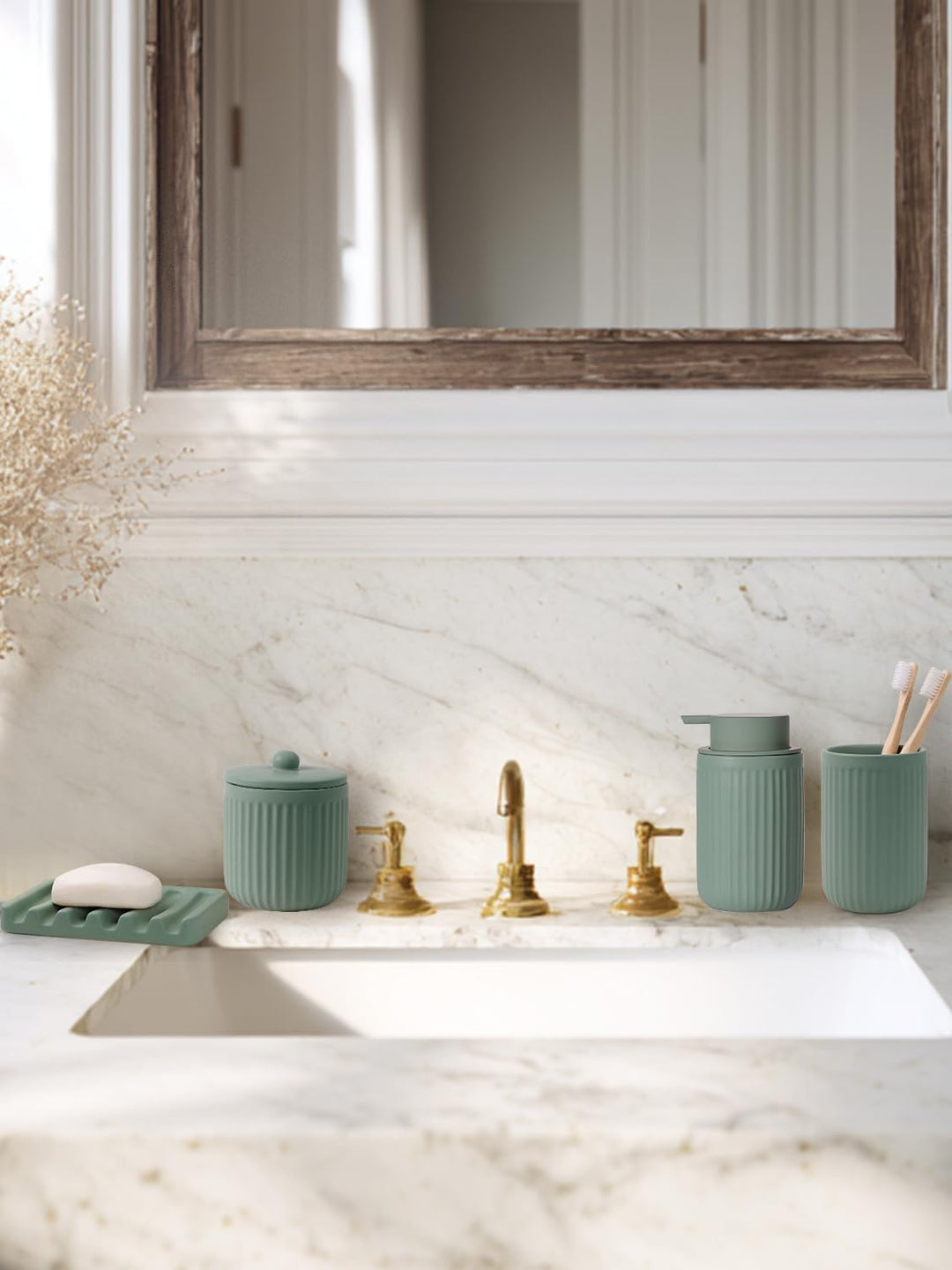 Badezimmer Set Grün, 4-teilig Keramik Bad Zubehör - 350 ml Seifenspender, Zahnputzbecher, Seifenscha