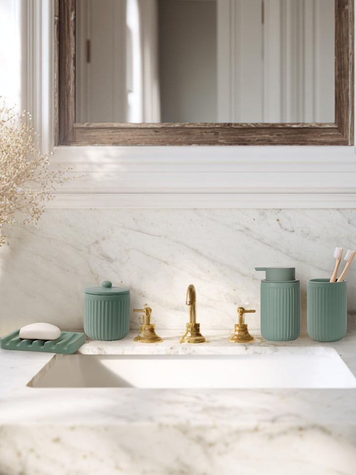 Badezimmer Set Grün, 4-teilig Keramik Bad Zubehör - 350 ml Seifenspender, Zahnputzbecher, Seifenscha