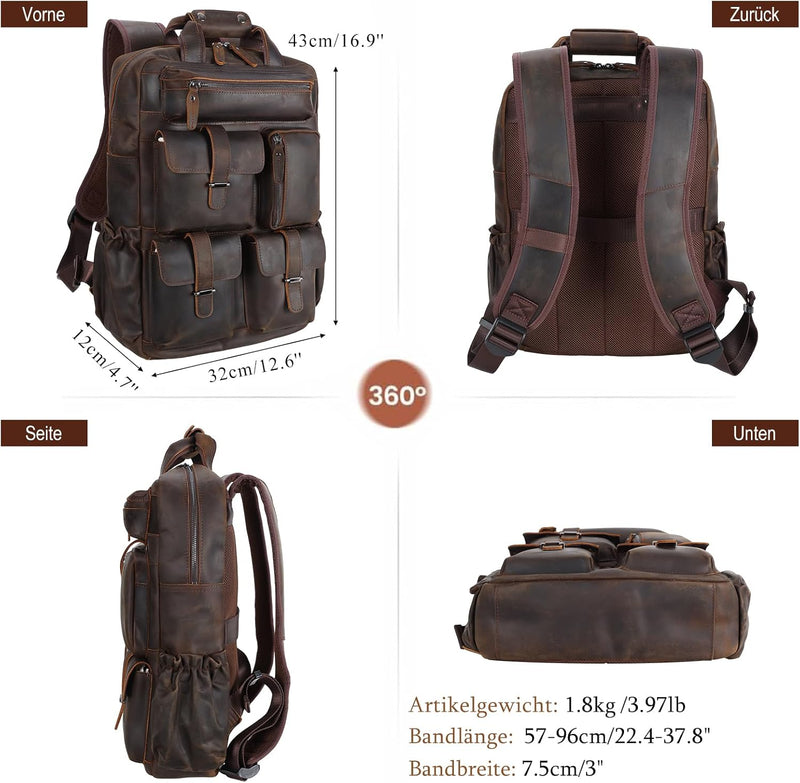 TIDING Herren Rucksack Echtes Leder Grosse Kapazität Business Reisetasche für 15,6 Laptop Tasche, Da