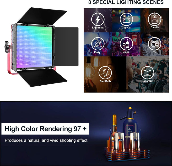 GVM LED Videoleuchte mit Stativ, APP Steuerung 50W 1200D RGB Studiolicht LED Dauerlicht, Fotografie