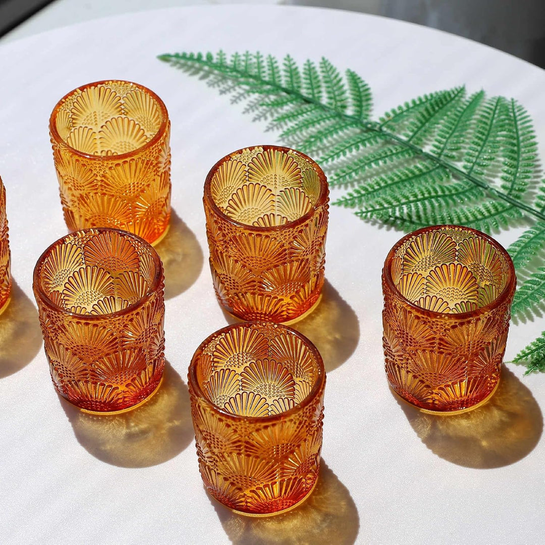 12 Stück Amber Teelichthalter Glas, Ginkgo-Biloba Teelichter Gläser (5,5 W × 6,5 H cm) im Grosspack