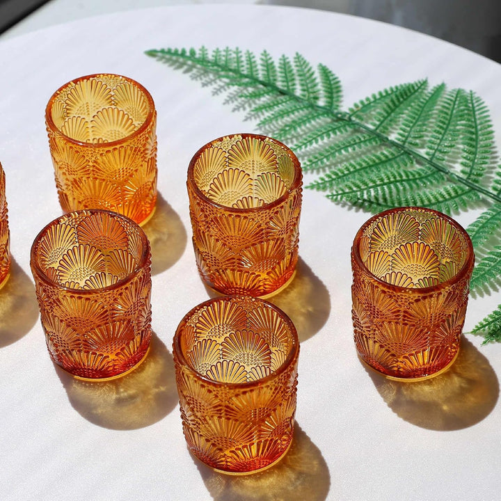 12 Stück Amber Teelichthalter Glas, Ginkgo-Biloba Teelichter Gläser (5,5 W × 6,5 H cm) im Grosspack
