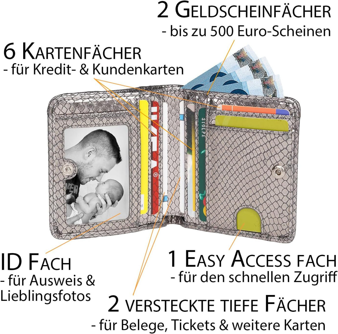 Portmonee Damen klein, Reise Geldbörse, viele Fächer, Schlangen-Look silber, RFID Blocker, Münzfach