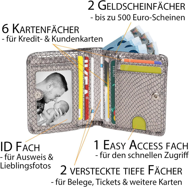 Portmonee Damen klein, Reise Geldbörse, viele Fächer, Schlangen-Look silber, RFID Blocker, Münzfach