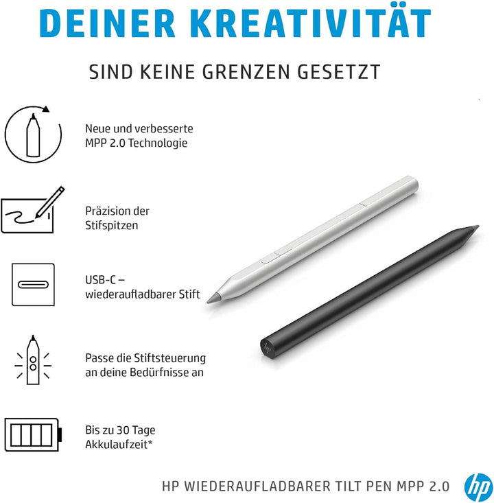 HP 3J122AAABB MPP 2.0 Tilt Pen Digitaler Eingabestift (aufladbar über USB-C, LED Akkuanzeige, austau